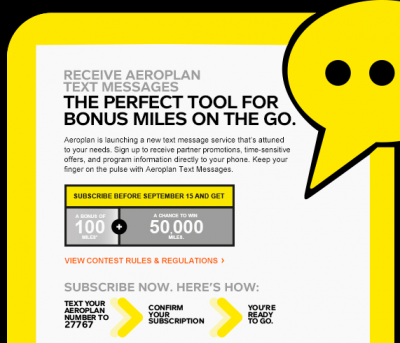 100 Free Aeroplan Miles for subscribing to Aeroplan Text Messages