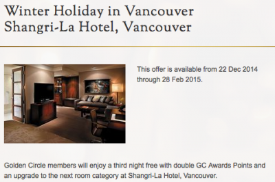 Double Golden Circle Points, 3rd Night Free and a Free Upgrade for stays at Shangri-La Hotels in Toronto or Vancouver