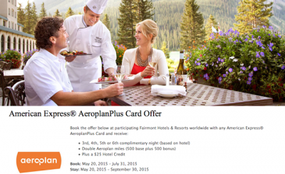 Double Aeroplan Miles, Free Nights & Hotel Credit at Fairmont Hotels when paying with an Amex AeroplanPlus card