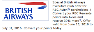 30% Transfer Bonus for RBC Rewards (Avion only) to British Airways Executive Club - June 15 - July 31, 16