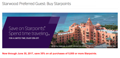 Starwood Preferred Guest: Receive a 35% discount when you buy or gift Starpoints (until Jun 30, 17)