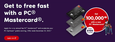 Offer extended: Welcome bonus of 100,000 PC Optimum points on PC Financial Credit Cards