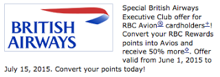 50% Transfer Bonus for RBC Rewards (Avion only) to British Airways Executive Club is back - June 1 to July 15