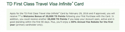 New TD First Class Visa Infinite offer: 40,000 Bonus Points and 50% off first year annual fee