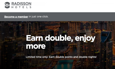 Earn double points & double elite night credit for stays at Radisson Hotels Worldwide
