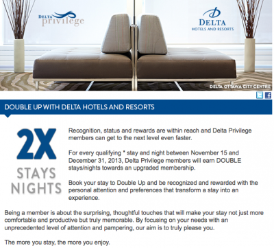 Delta Hotels: Double elite stay/night credit on all stays until the end of the year