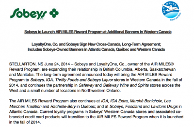 Sobeys chooses to go with Air Miles in Western Canada, Club Sobeys to be wound down