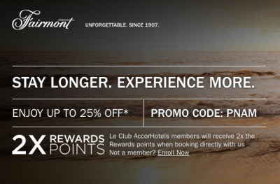 Earn Double Le Club AccorHotels Points for stays at Fairmont Hotels in North & Central America