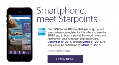 Starwood: Earn 500 Bonus Starpoints for bookings via the SPG App that are paid for with an American Express Card
