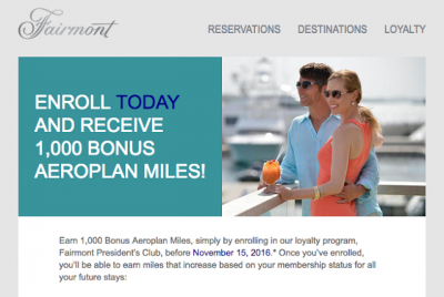 1,000 FREE Aeroplan Miles when you join Fairmont Hotels President's Club