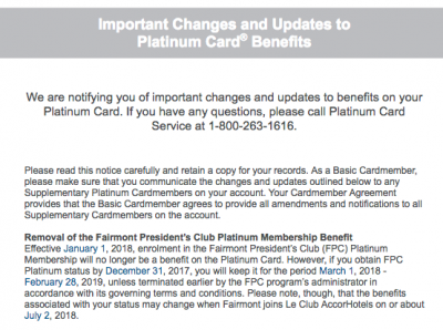 American Express confirms removal of the Fairmont President’s Club Platinum membership benefit