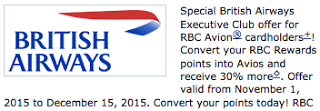 30% Transfer Bonus for RBC Rewards (Avion only) to British Airways Executive Club - November 1 to December 15, 15