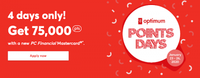 Rare sign up bonus for PC Financial Mastercards - 75,000 points if you apply by January 26