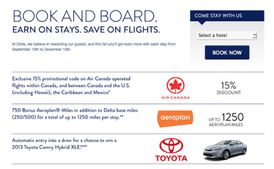 Delta Hotels Book and Board: Bonus Aeroplan Miles, 15% discount on Air Canada flights + a chance to win a Toyota Camry