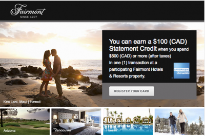 American Express is offering a $100 statement credit when spending $500 at Fairmont Hotels