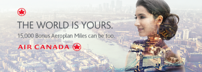 Air Canada: Earn up to 15,000 Bonus Aeroplan Miles on flights between Canada and South America, Europe, the Middle East and Asia.