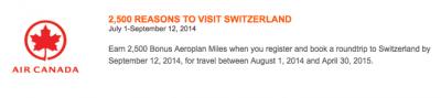 Air Canada: 2,500 Bonus Aeroplan Miles for AC flights between Canada and Switzerland