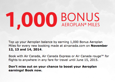 1,000 Bonus Aeroplan Miles for bookings made on Aircanada.com by Nov 14