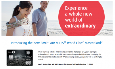 BMO AIR MILES World Elite MasterCard coming on May 13 - Good earn rate, lounge access but also a reduction in the award flight 25% discount