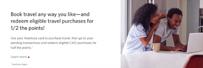 CIBC Aventura Cards: 50% off points required when redeeming for any travel via Shopping with Points