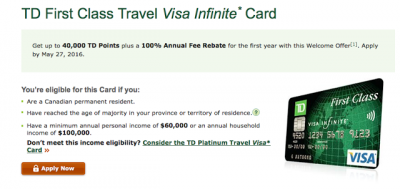 New TD First Class Visa Infinite offer: 40,000 Bonus Points and First Year Free