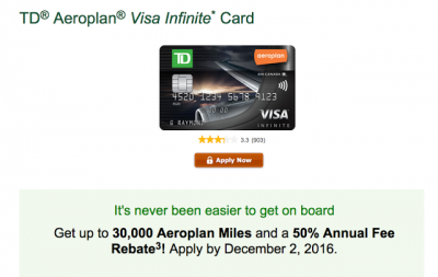 TD Aeroplan Visa Infinite sign up bonus increased to up to 30,000 miles with 50% off the first year's annual fee
