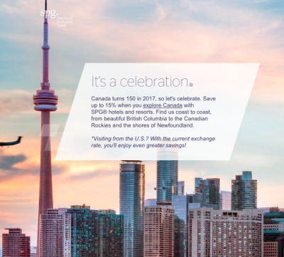 Save up to 15% on Starwood stays in Canada with their Celebrate Canada 150 SPG offer