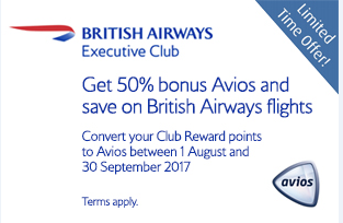 Convert Diners Club Club Rewards Points to British Airways Executive Club Avios and receive a 50% bonus