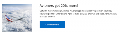RBC Avion Cardholders: 20% Bonus Miles when you convert RBC Rewards Points to American AAdvantage