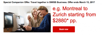 SWISS Airlines Companion Special - 2 can fly in Business Class out of Montreal from C$2,781 each