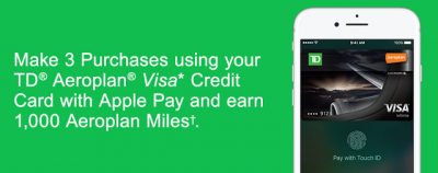 Earn 1,000 Bonus Aeroplan Miles for making 3 Apple Pay purchases with a TD Aeroplan Visa Card